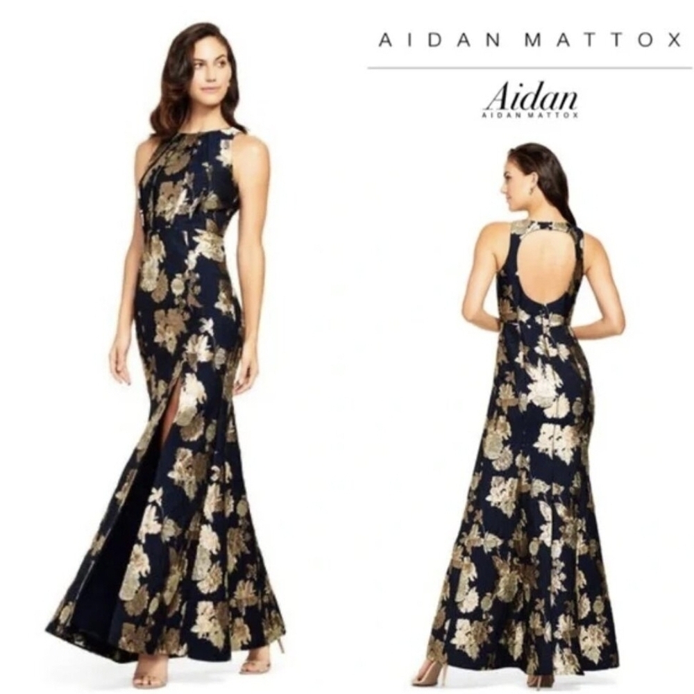 Aidan Mattox Navy and Gold Jacquard Mermaid Gown